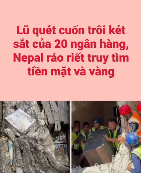 A Vietnamese news headline about a flood sweeping away a safe containing cash and gold in Nepal, accompanied by photos of rescue workers and rubble.