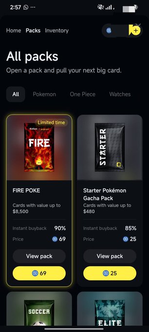 A mobile app screen titled 'All packs' shows digital trading card packs for sale, including a 'FIRE POKE' pack for 69 coins and a 'Starter Pokémon Gacha Pack' for 25 coins.