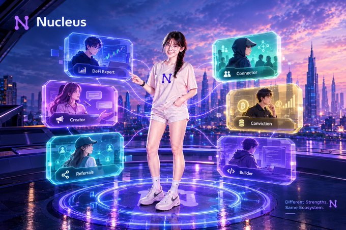 A futuristic promotional image for 'Nucleus' featuring a woman in a pink 'N' shirt surrounded by glowing hexagonal icons for DeFi Expert, Connector, Creator, Conviction, Referrals, and Builder, with the tagline 'Different Strengths, Same Ecosystem' set against a cyberpunk cityscape.