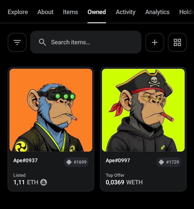 A dark-themed NFT marketplace interface displays the "Owned" tab with two Bored Ape-style NFT collectibles: "Ape#0937" listed at 1,11 ETH against an orange background, and "Ape#0997" with a top offer of 0,0369 WETH against a green background, visually illustrating the post's point that owning two Suited Apes is better than one.
