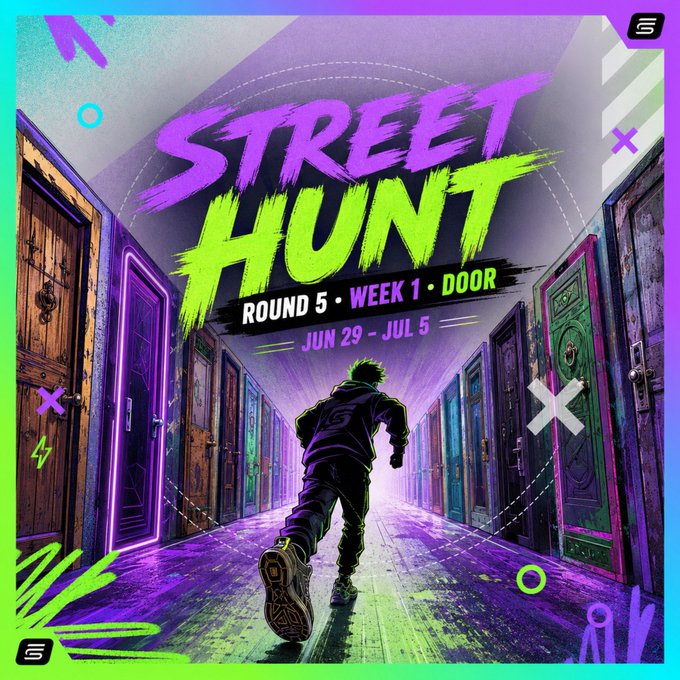 A vibrant neon illustration features a hooded figure running down a corridor lined with glowing doors, prominently displaying the event title "STREET HUNT," "ROUND 5 • WEEK 1 • DOOR," and the dates "JUN 29 - JUL 5," which aligns with the STEPN photography challenge inviting participants to capture and share three different door photos.