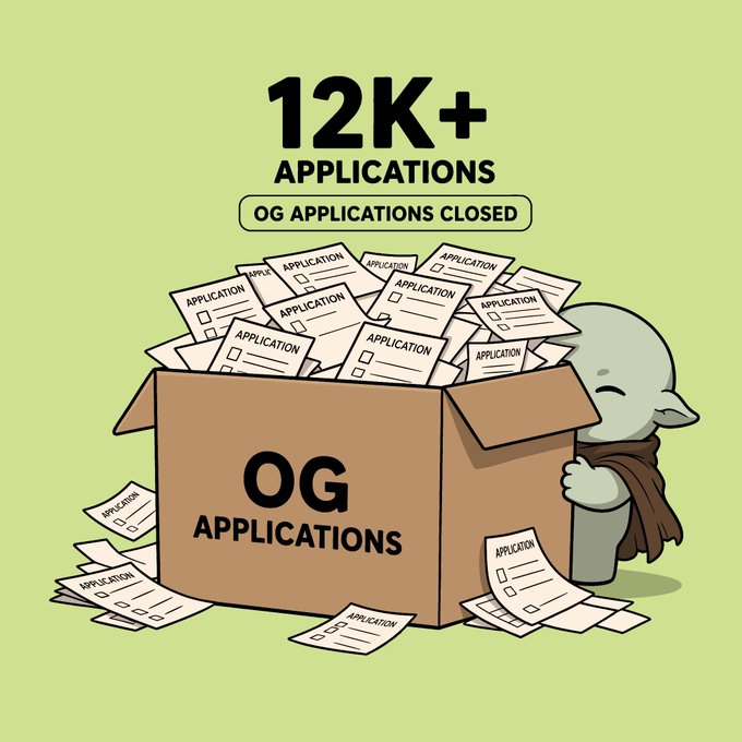 A cartoon graphic on a green background showing a cardboard box overflowing with application forms, with text reading "12K+ APPLICATIONS" and "OG APPLICATIONS CLOSED", alongside a green ogre-like character hugging the box.