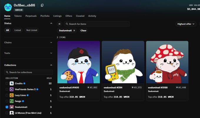 Screenshot of a digital asset marketplace showing NFT listings for a "Sealuminati" collection, including items #1405, #294, and #3188, all with top offers of 310.05 WMON, filtered from wallet address 0x18ec…cb86.