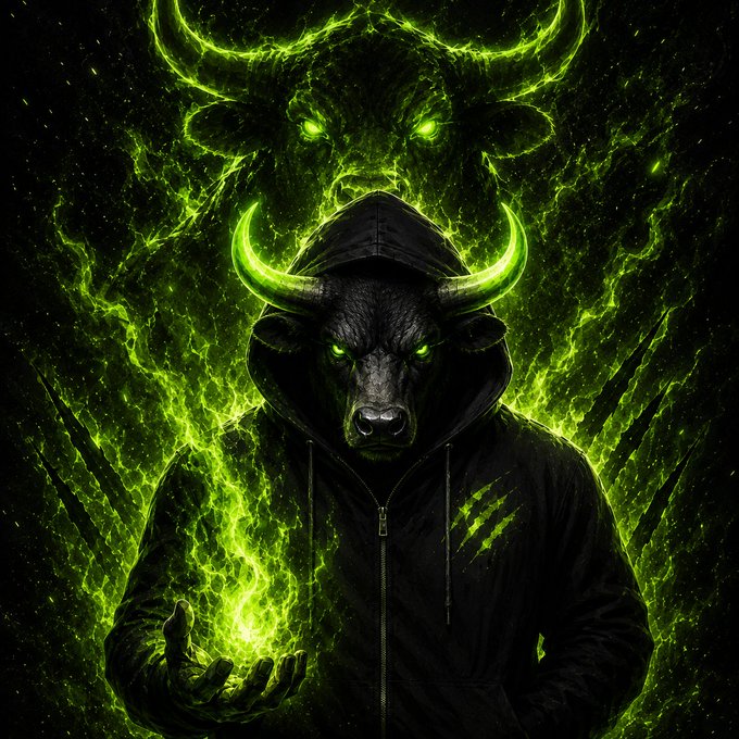 A menacing bull-headed figure in a black hoodie conjures a glowing green orb of energy in its hand, with a larger spectral bull looming in the background, symbolizing the unstoppable bullish momentum of $ANSEM. The fiery green aura and ascending visual evoke a "no ceiling" rally, reinforcing the post's message of limitless upward potential for the token.