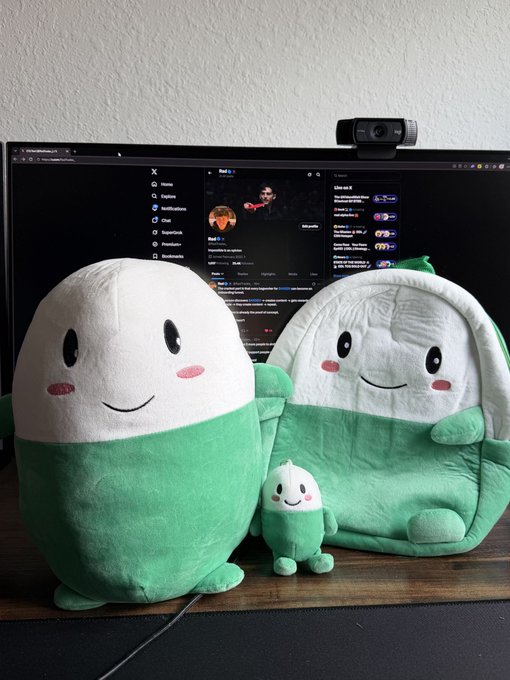 Two green and white plush toys with smiling faces sit on a desk in front of a computer monitor displaying a social media page.