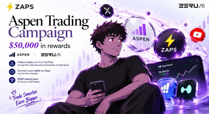 Promotional banner for the 'Aspen Trading Campaign' by ZAPS and ZERØI/ASPEN, offering $50,000 in rewards for following traders on X or YouTube and connecting a wallet on Zaps, with a tagline 'Trade Smarter, Earn Bigger'.