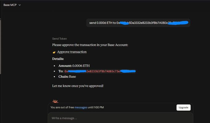 A screenshot of a Base MCP chatbot interface asking the user to approve sending 0.0006 ETH on the Base chain, showing transaction details and indicating the user is out of free messages until 1:00 PM.