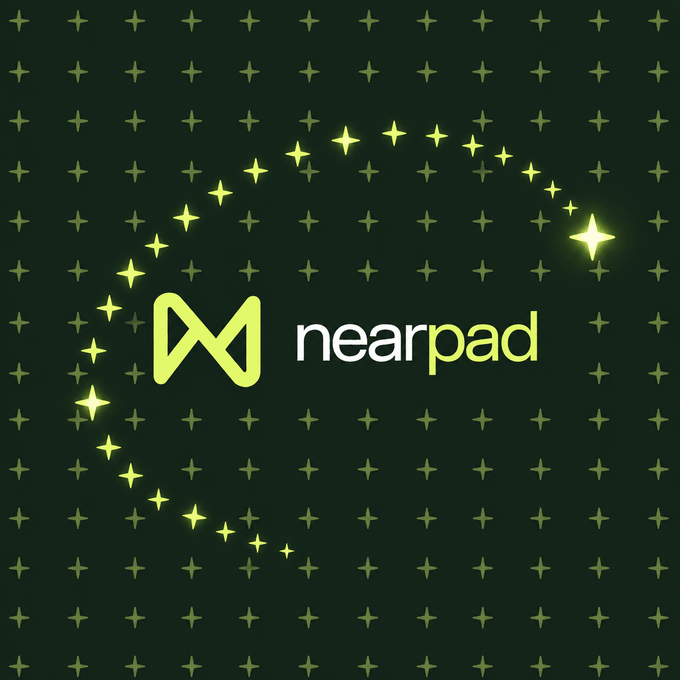 Logo design for 'nearpad' featuring a stylized 'N' icon in light green with a curved arc of glowing sparkles/stars around it on a dark green patterned background.