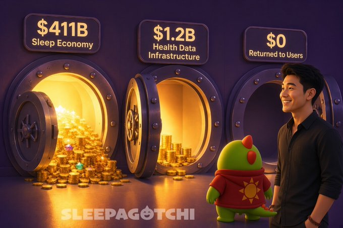 Advertisement for 'Sleepagotchi' showing a man with a green dinosaur-like mascot standing beside vaults labeled '$411B Sleep Economy', '$1.2B Health Data Infrastructure', and '$0 Returned to Users'.