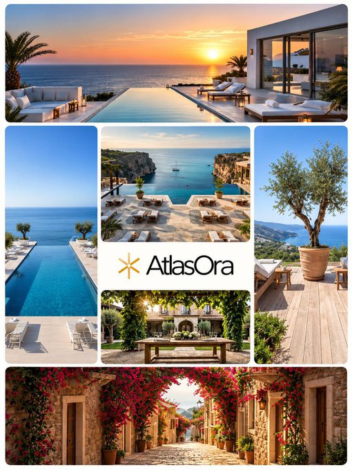 A collage of luxury Mediterranean-style villa images with infinity pools, sunset views, and floral archways, centered around the 'AtlasOra' logo.
