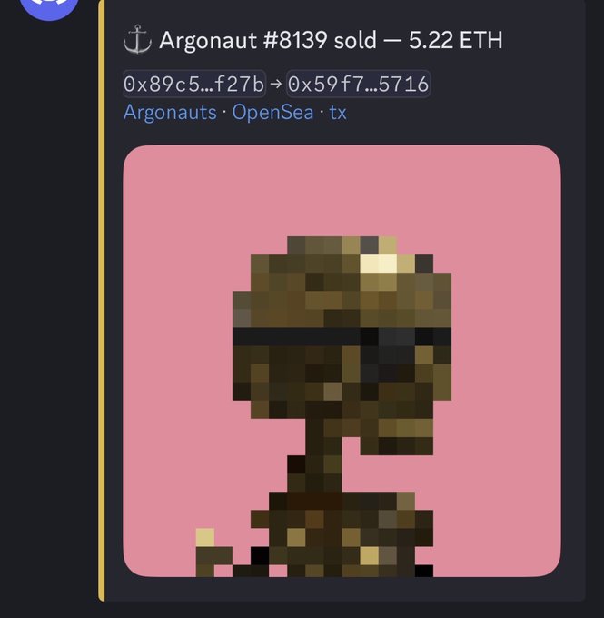 An OpenSea transaction notification for "Argonaut #8139 sold — 5.22 ETH," displaying a pixelated character with sunglasses on a pink background.