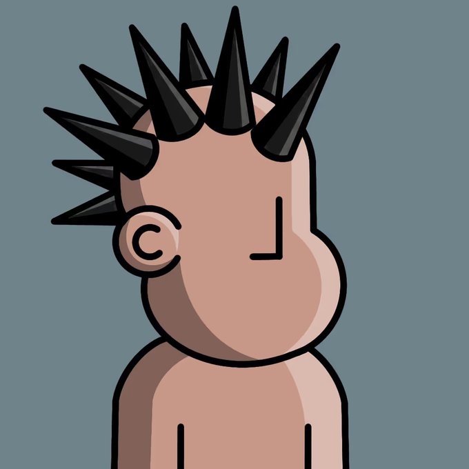 A cartoon illustration depicts a stylized character in profile with sharp, black, spike-like hair, a small ear, and a minimalist face against a blue-gray background.