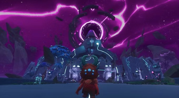 A video game scene shows a character with a red cape and helmet facing a large, glowing mystical structure with tentacle-like shapes against a vibrant purple sky.