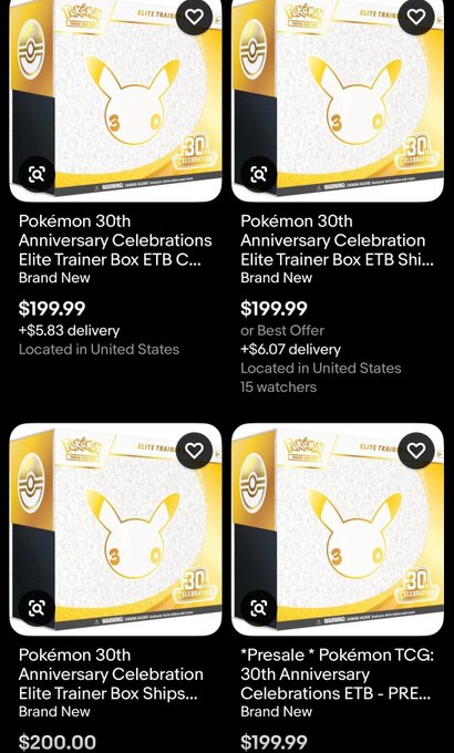 The image shows four eBay listings for the Pokémon 30th Anniversary Celebration Elite Trainer Box (ETB), all priced between $199.99 and $200.00 from US-based sellers. This visually supports the post's claim that the set is being heavily printed and restocked, as prices have plummeted from $500+ to around $200 within just 24 hours.
