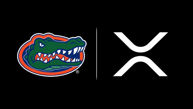 The image shows the Florida Gators alligator logo on the left next to the white XRP (Ripple) logo on the right, separated by a vertical line on a black background, representing the newly announced multi-year partnership between Florida Athletics and Ripple to feature XRP branding at Ben Hill Griffin Stadium.
