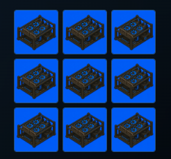 Nine identical pixel-art isometric crates arranged in a 3x3 grid on a blue background, appearing to be game assets.