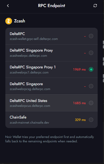 A mobile app screenshot displays an 'RPC Endpoint' menu for Zcash, listing options like 'DeltaRPC' and 'ChainSafe' with latency times including 329 ms.