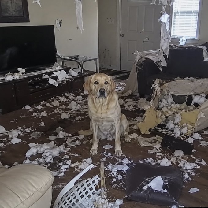 A guilty-looking golden Labrador dog sits in the middle of a heavily destroyed living room, surrounded by torn pillow stuffing and shredded furniture.