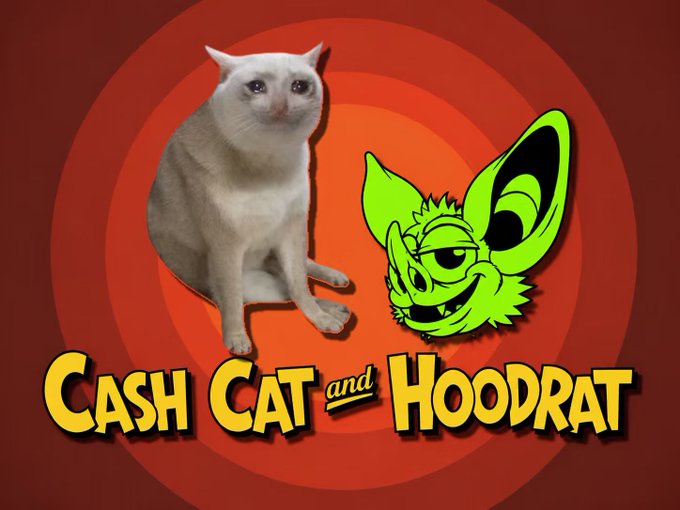 A graphic showing a white cat next to a green cartoon creature, with the text 'Cash Cat and Hoodrat' on a red background.