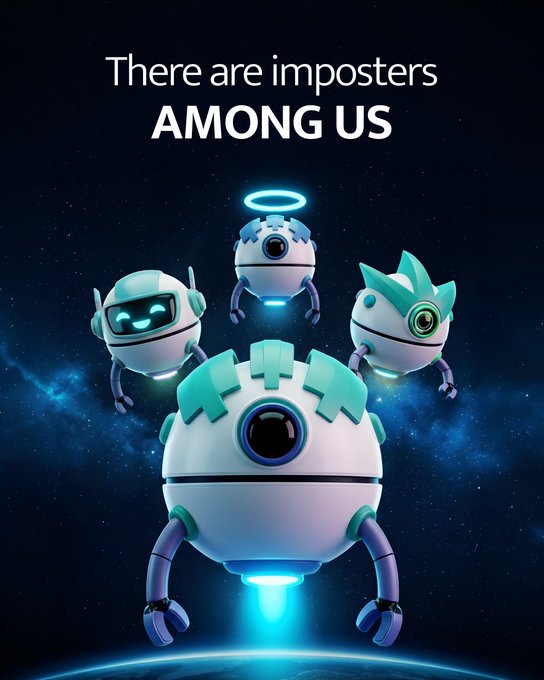 Promotional artwork for the game Among Us featuring four robot-like characters in space with the text 'There are imposters AMONG US'.