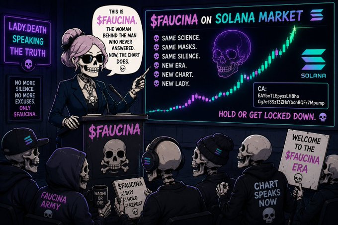 Crypto-themed illustration titled '$FAUCINA ON SOLANA MARKET,' showing a skeletal 'Lady Death' figure speaking at a podium with the quote 'The woman behind the man who never answered... the chart does,' along with Solana branding, a contract address, and slogans like 'HOLD OR GET LOCKED DOWN.'