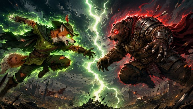 The image depicts an anthropomorphic fox in a green Robin Hood-style outfit and feathered cap clashing with an armored bear wielding weapons, their paws separated by a crack of green and red lightning above a battlefield of broken banners.

The visual captures the post's "bears vs. fox" metaphor—symbolizing $FOX as a powerful, heroic force triumphing over bearish opposition in an epic, legendary showdown.