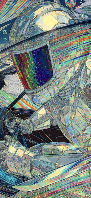 A vibrant, iridescent digital artwork of an astronaut in a spacesuit with a rainbow-colored helmet visor, rendered with prismatic, glass-like textures and abstract geometric patterns.