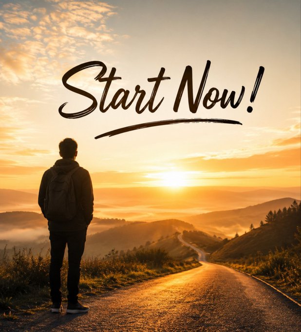 A motivational image showing a person with a backpack standing on a road looking at a golden sunset over misty hills, with the cursive text 'Start Now!' displayed in the sky.