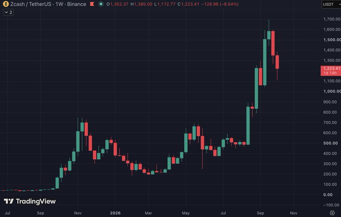 A TradingView candlestick chart for Zcash / TetherUS on Binance shows price rising from around $100 in late 2025 to a peak near $1,700 before declining to $1,223.41 (-9.54%).