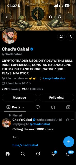 A Twitter profile for 'Chad's Cabal' (@chadscabal) with a verified badge, describing the user as a 'CRYPTO TRADER & SOLIDITY DEV' with 21.6K followers.