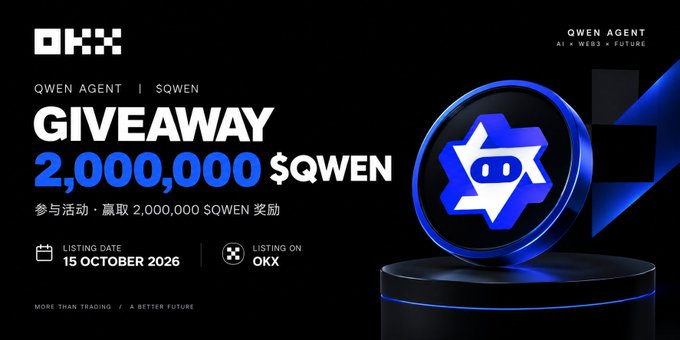 Promotional banner for a Qwen Agent ($QWEN) giveaway of 2,000,000 $QWEN tokens, listing on OKX on 15 October 2026.