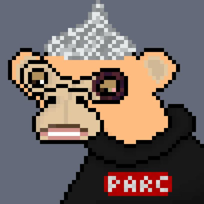 A pixel art illustration of an ape wearing a conical aluminum foil hat, dark sunglasses, and a black shirt with 'FAFO' written on it.