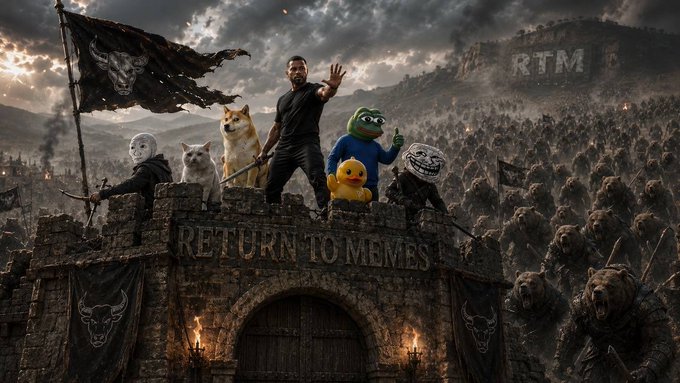 The image is a parody of "Game of Thrones" showing various internet meme characters—including Wojak, Cash Cat, Doge, Cheems (UTYA), Pepe, and Trollface—standing triumphantly atop a castle wall inscribed with "RETURN TO MEMES," as a horde of bearish bears charges below under a gloomy "RTM" sky. It visually reinforces the post's defiant message that these meme coins ($wojak, $cashcat, $doge, $utya, $pepe, $troll) will endure despite the bearish market onslaught.