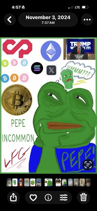 A screenshot of a mobile phone interface, dated 'November 3, 2024' at '7:37 AM', displays a collage image featuring cryptocurrency logos, a Trump campaign image, a Pepe the Frog meme, the text 'PEPE INCOMMON', and 'WAGMI?????'.