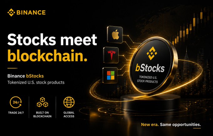 A Binance promotional banner for 'Binance bStocks' advertising tokenized U.S. stock products, featuring logos for Apple, and Telsa with text 'Stocks meet blockchain' and 'New era. Same opportunities.'