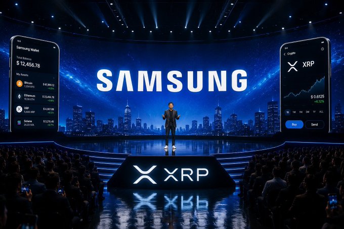 A speaker presents at a Samsung-sponsored tech event featuring the XRP logo, with large smartphone displays showing the Samsung Wallet ($12,456.78 balance) and an XRP crypto trading screen ($0.6125 price) flanking the stage in front of a starry cityscape backdrop. The image reinforces the post's message of mainstream crypto adoption by visually pairing Samsung's global brand recognition with XRP, illustrating how established tech companies integrating digital assets drives XRP's growth and accessibility.