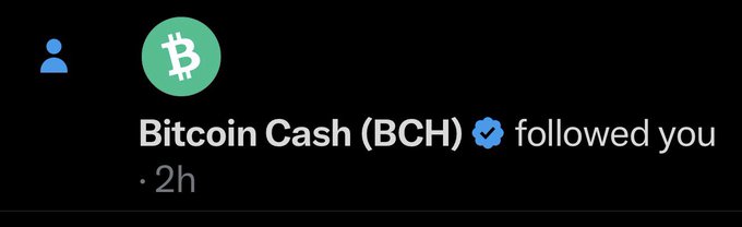 A social media notification on a dark background showing a blue profile icon and the Bitcoin Cash logo, with the text "Bitcoin Cash (BCH) followed you · 2h".