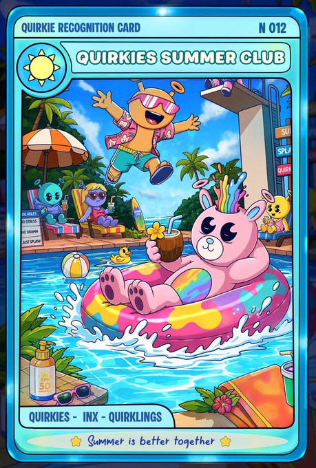 A colorful “Quirkies Summer Club” Quirkie Recognition Card, No. 012, shows RainbowBear lounging in a pool float while friends splash nearby. It matches the August card announcement at qrcredemption.quirkies.io, with the caption “Summer is better together.”