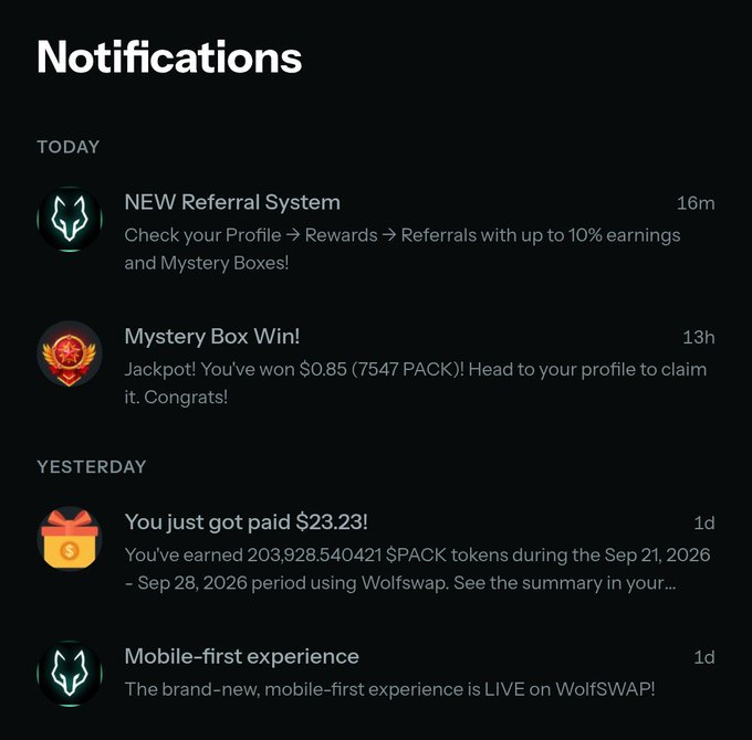 A dark-themed 'Notifications' screen displays updates for 'NEW Referral System', 'Mystery Box Win!', 'You just got paid $23.23!', and 'Mobile-first experience' related to Wolfswap and PACK tokens.