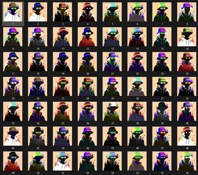 A grid of 56 numbered generative profile picture (PFP) variations, each depicting a hooded figure with sunglasses in different vibrant color palettes, illustrating a collection of unique, algorithmically generated character art.
