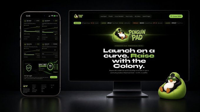 A promotional display for 'Penguin Pad' featuring a penguin mascot, shown on a desktop monitor and a mobile phone interface with the tagline 'Launch on a curve. Raise with the Colony.'