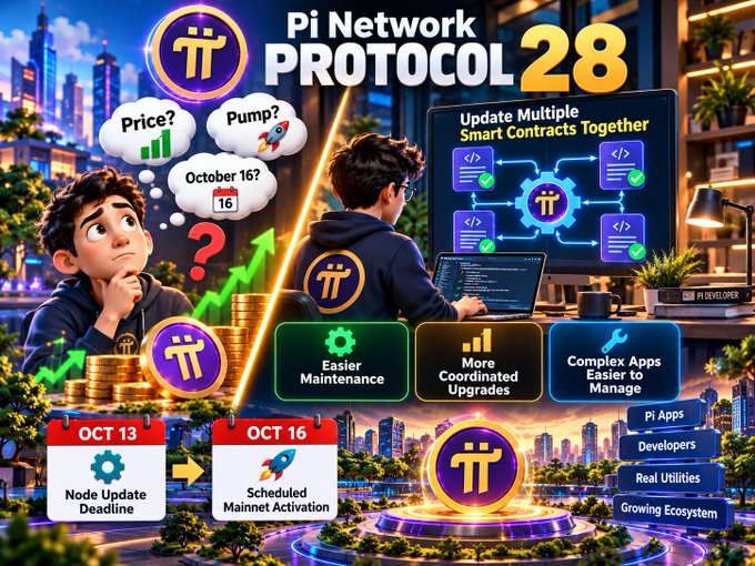 A promotional graphic for 'Pi Network PROTOCOL 28' featuring a cartoon character, with text about 'Price? Pump?', an 'October 16' mainnet activation, and benefits like 'Easier Maintenance' and 'More Coordinated Upgrades'.