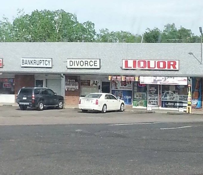 A strip mall storefront displays signs reading "BANKRUPTCY," "DIVORCE," and "LIQUOR" side by side. The image humorously relates to the "I'm in web3" post by joking that the chaotic crypto market could leave investors hitting all three milestones simultaneously—losing savings, ending relationships, and drowning sorrows in alcohol.