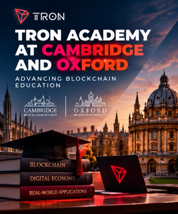 Promotional graphic for 'TRON ACADEMY AT CAMBRIDGE AND OXFORD - ADVANCING BLOCKCHAIN EDUCATION' featuring the Cambridge and Oxford Blockchain Society logos above stacked books titled 'BLOCKCHAIN', 'DIGITAL ECONOMY', and 'REAL-WORLD APPLICATIONS'.