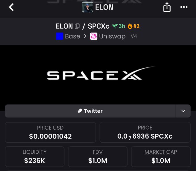 The image shows a cryptocurrency trading page for "ELON / SPCXc" token pair on Base via Uniswap V4, featuring a SpaceX logo, with metrics including a price of $0.00001042 USD (0.076936 SPCXc), $236K liquidity, and $1.0M market cap/FDV. The post likely refers to concerns about Base network potentially causing issues for this SpaceX-themed memecoin, similar to past trading problems on the platform.