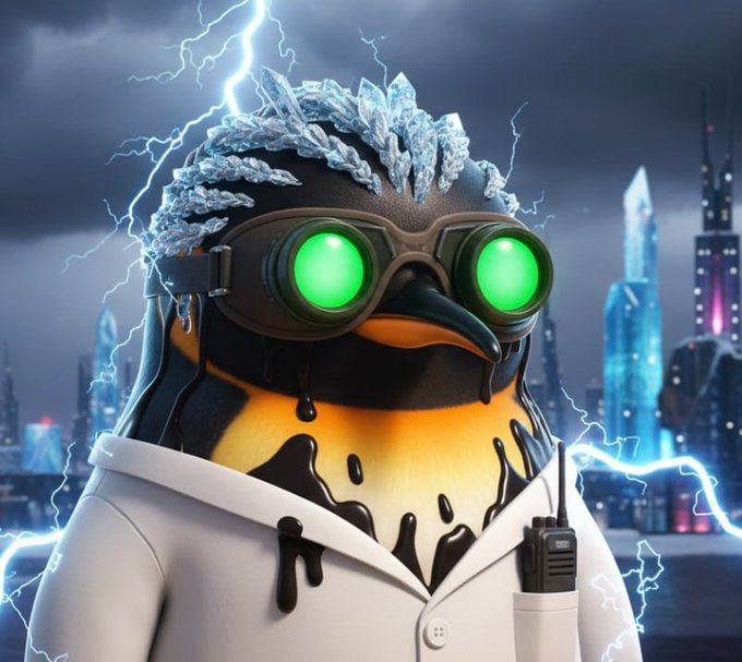 A stylized penguin with ice crystal headwear and glowing green goggles stands against a stormy, lightning-filled futuristic cityscape, wearing a white lab coat with a walkie-talkie.