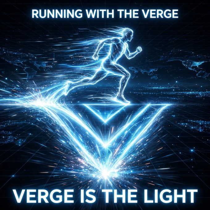 A stylized blue glowing digital figure of a runner above a 'V' logo, with the text 'RUNNING WITH THE VERGE' at the top and 'VERGE IS THE LIGHT' at the bottom.