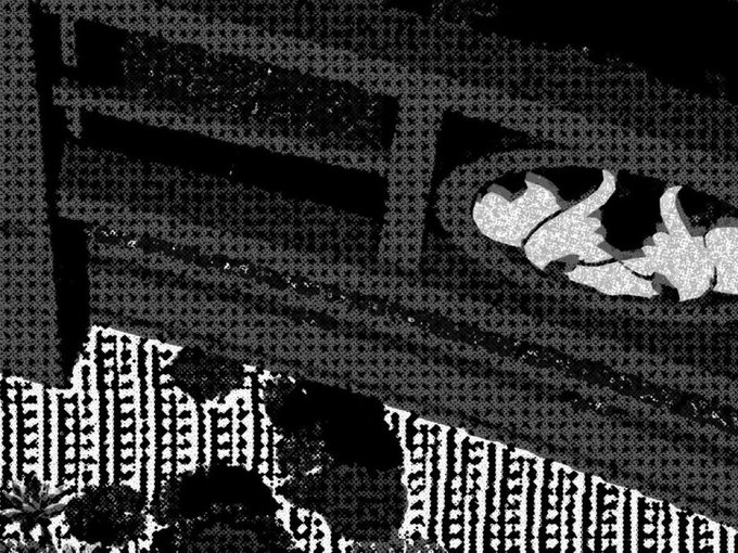 A high-contrast, noisy black and white image showing a dark silhouette in the foreground against what appears to be a railing or structure, with a white floral design on the right.