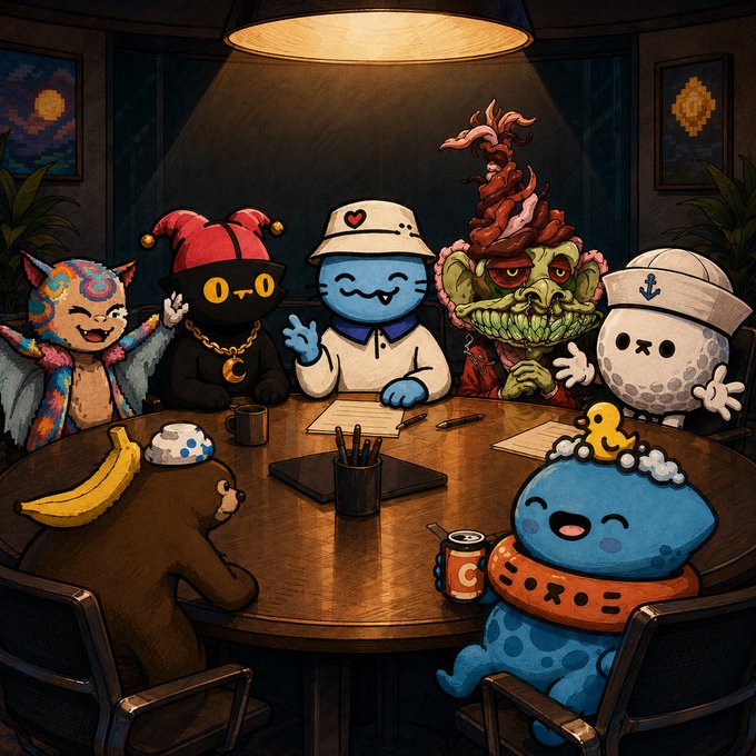 A whimsical illustration of various colorful NFT-style cartoon characters, including cats, a duck, and a monster, gathered around a wooden table under a warm overhead lamp.