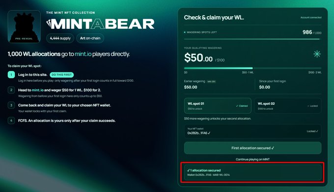 A screenshot of a website for 'THE MINT NFT COLLECTION' by 'MINT A BEAR' showing a 'Check & claim your WL' section with a $50 qualifying wagering amount and a locked second allocation.